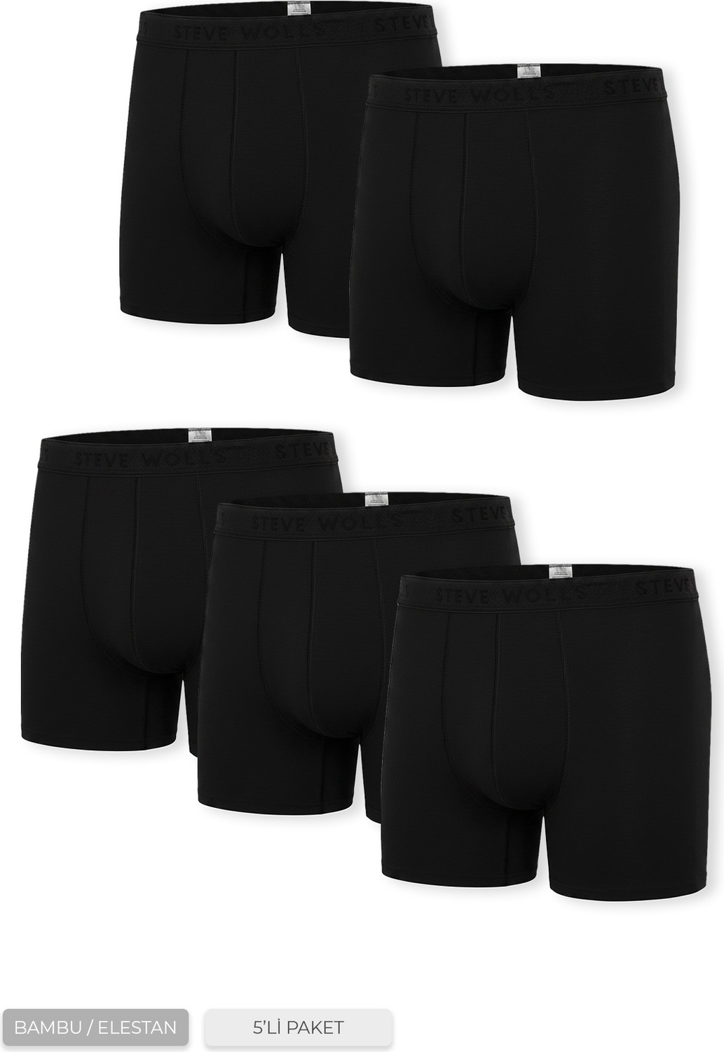Steve Wolls Erkek Siyah 5’li Uzun Paça Bambu Boxer - 25203 (BUS100)