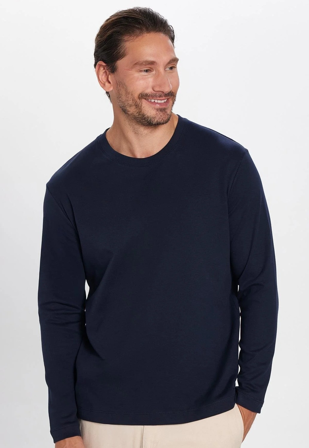 Tudors Unisex Relax Fit Rahat Kesim %100 Pamuk Uzun Kollu Bisiklet Yaka Lacivert Basic Tişört görsel 2