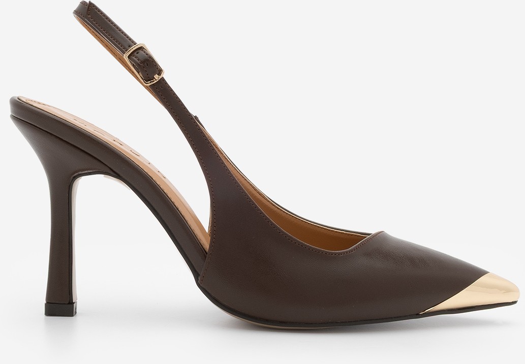 Marjin Kadın Stiletto Sivri Burun Altın Detaylı Arkası Açık Topuklu Ayakkabı Süvat Kahve görsel 4
