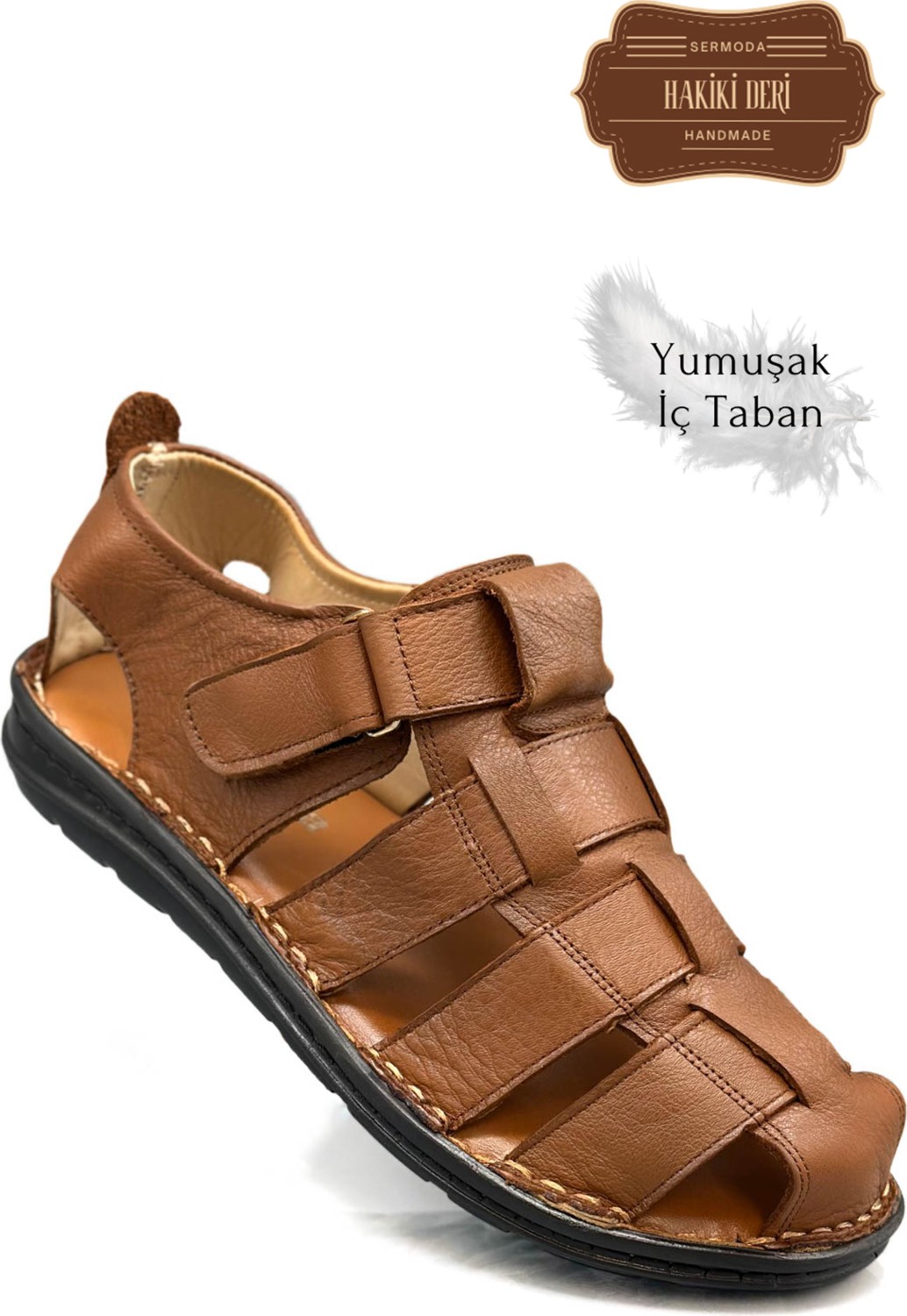Sermoda Hakiki Deri Burnu Kapalı Erkek Sandalet Siyah