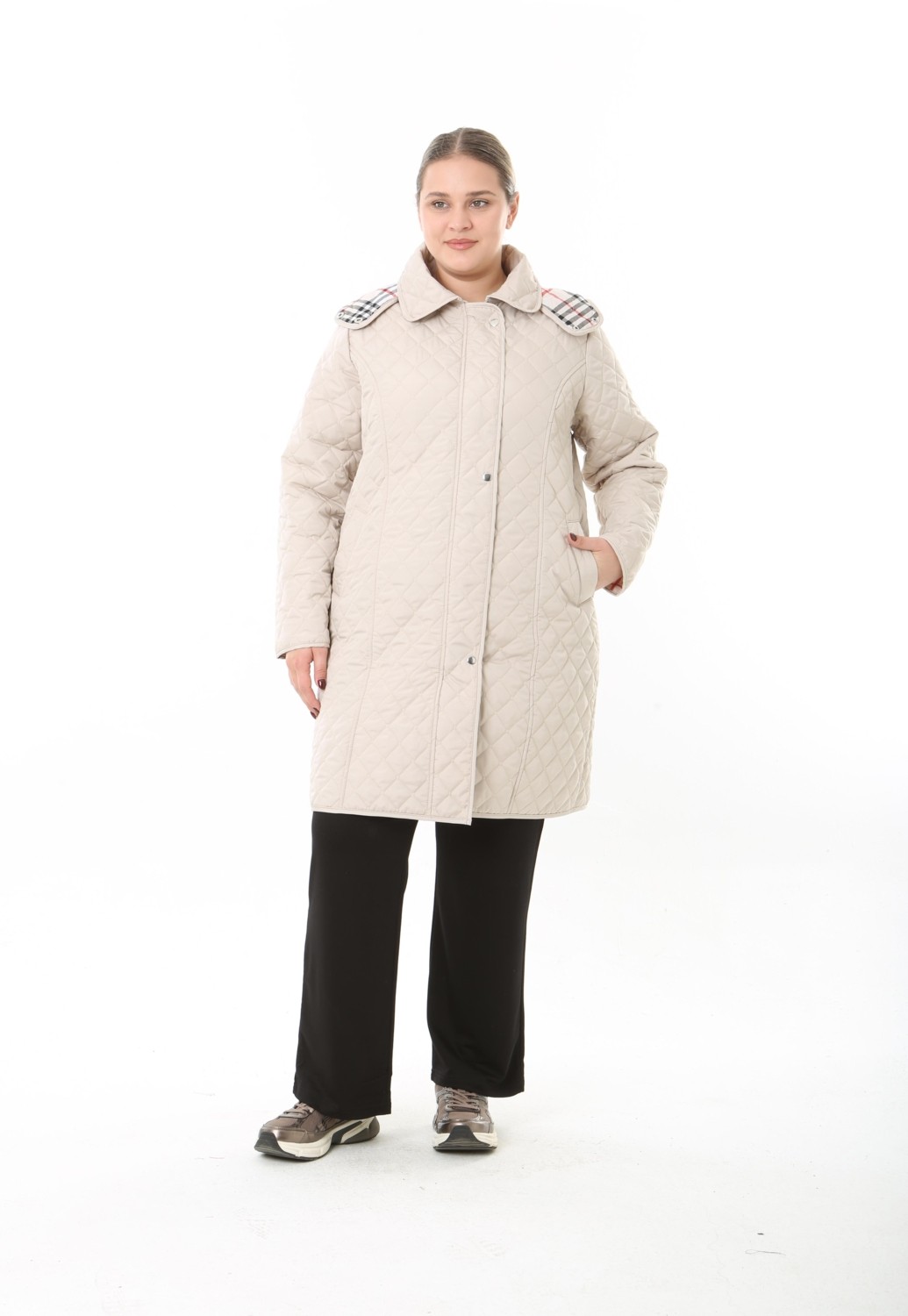 TUTveAL Collection Kadın Uzun Suya Dayanıklı Kapitone Kapüşonlu Kapitone Mont Büyük Beden Kapitone Ekoseli Kapitone