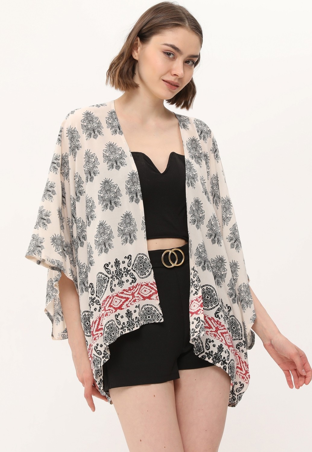 Yoga Zero Zada Boho Cape 3 - Cream Paisley-Border görsel 2