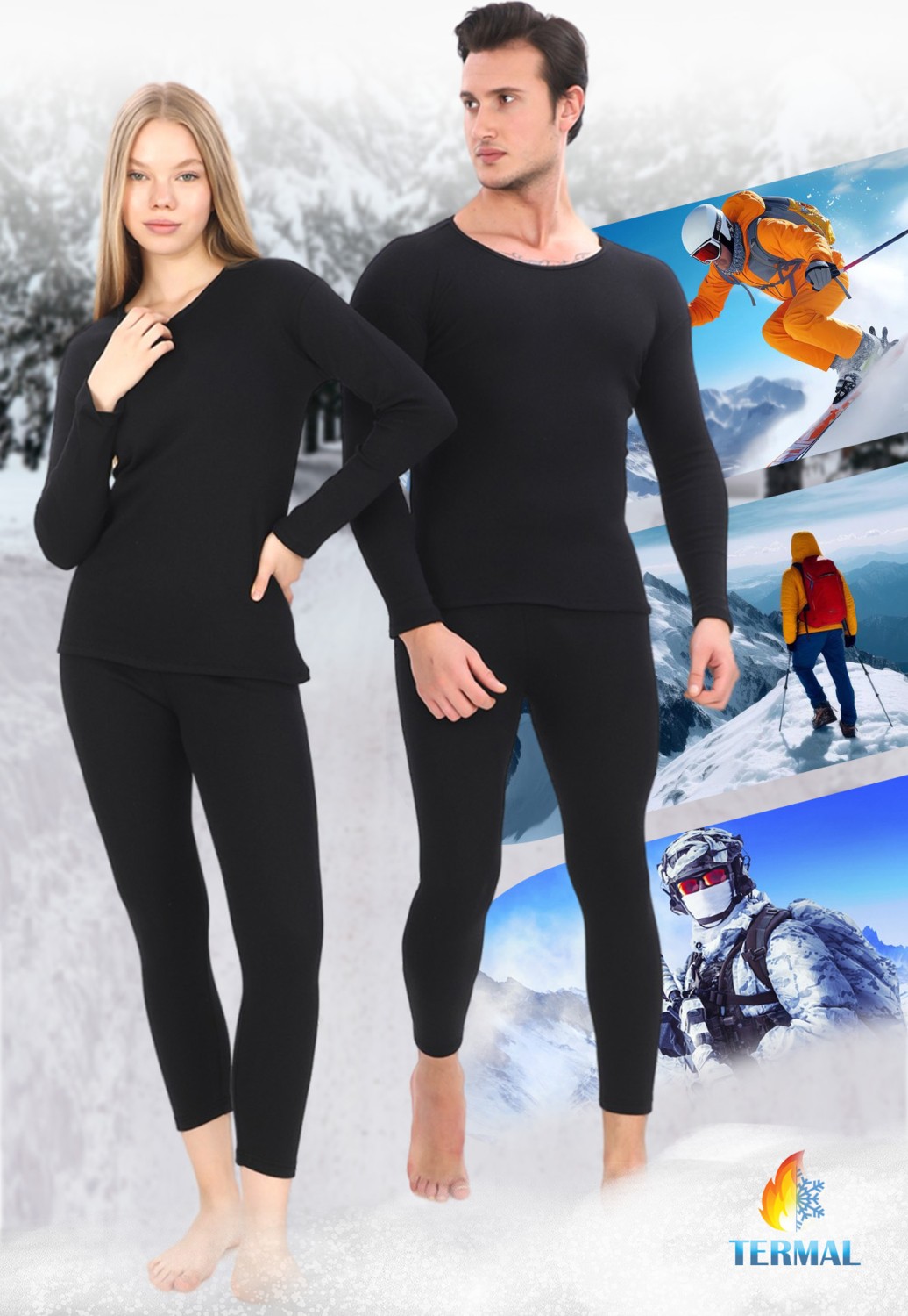 Sauna Suit Unisex Siyah Termal İçlik Takım , Kışlık Sıcak Tutan Alt Üst Termal Takım