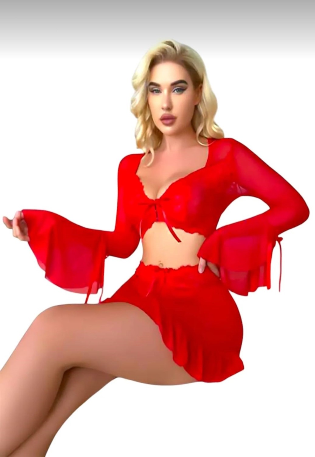 Efil Efil Kadın Kırmızı Gecelik Yarasa Kol Pileli Mini Etek Bağcıklı Tangalı Iç Giyim Fantezi Iç Çamaşırı Seksi Erotik Şık Tasarım görsel 5