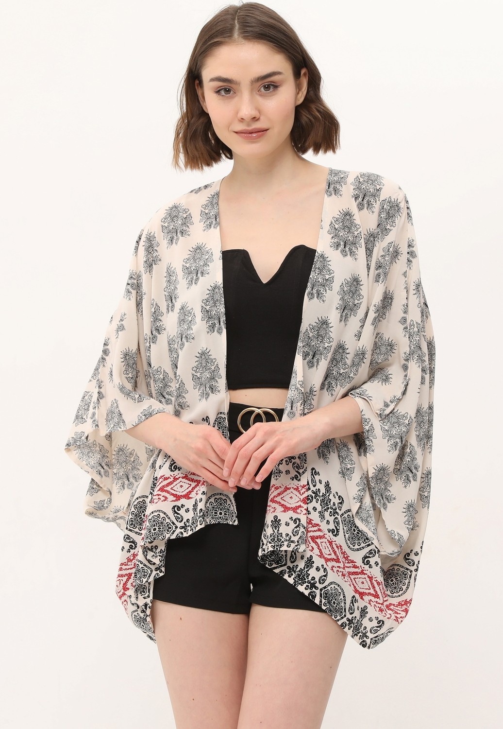 Yoga Zero Zada Boho Cape 3 - Cream Paisley-Border görsel 5