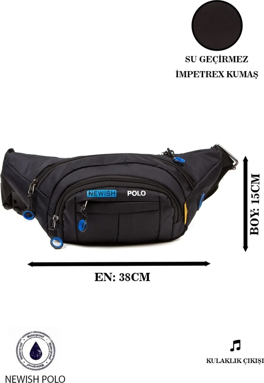 Newish Polo Unisex Impertex Kumaş Kulaklık Çıkışlı Suya Dayanıklı Omuz ve Bel Çantası Çapraz Askılı Siyah 306 görsel 7