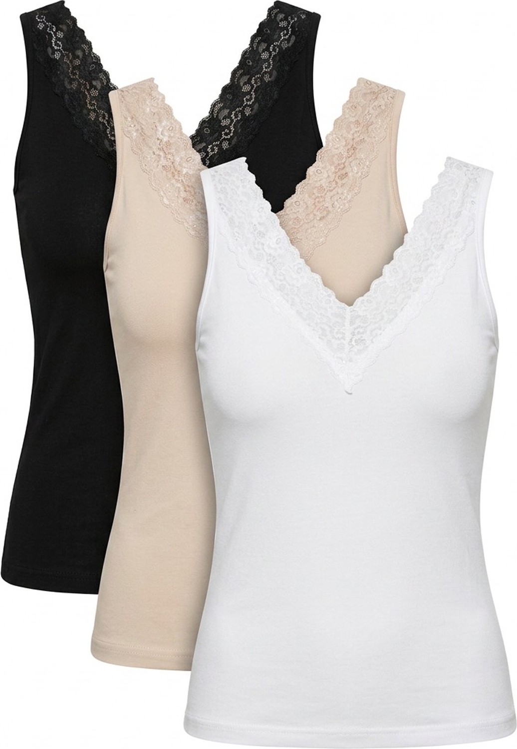 Siyah İnci Siyah-Beyaz-Ten 3\'lü Paket %100 Pamuklu Askılı Dantelli Örme T-Shirt Atlet 1007 görsel 4
