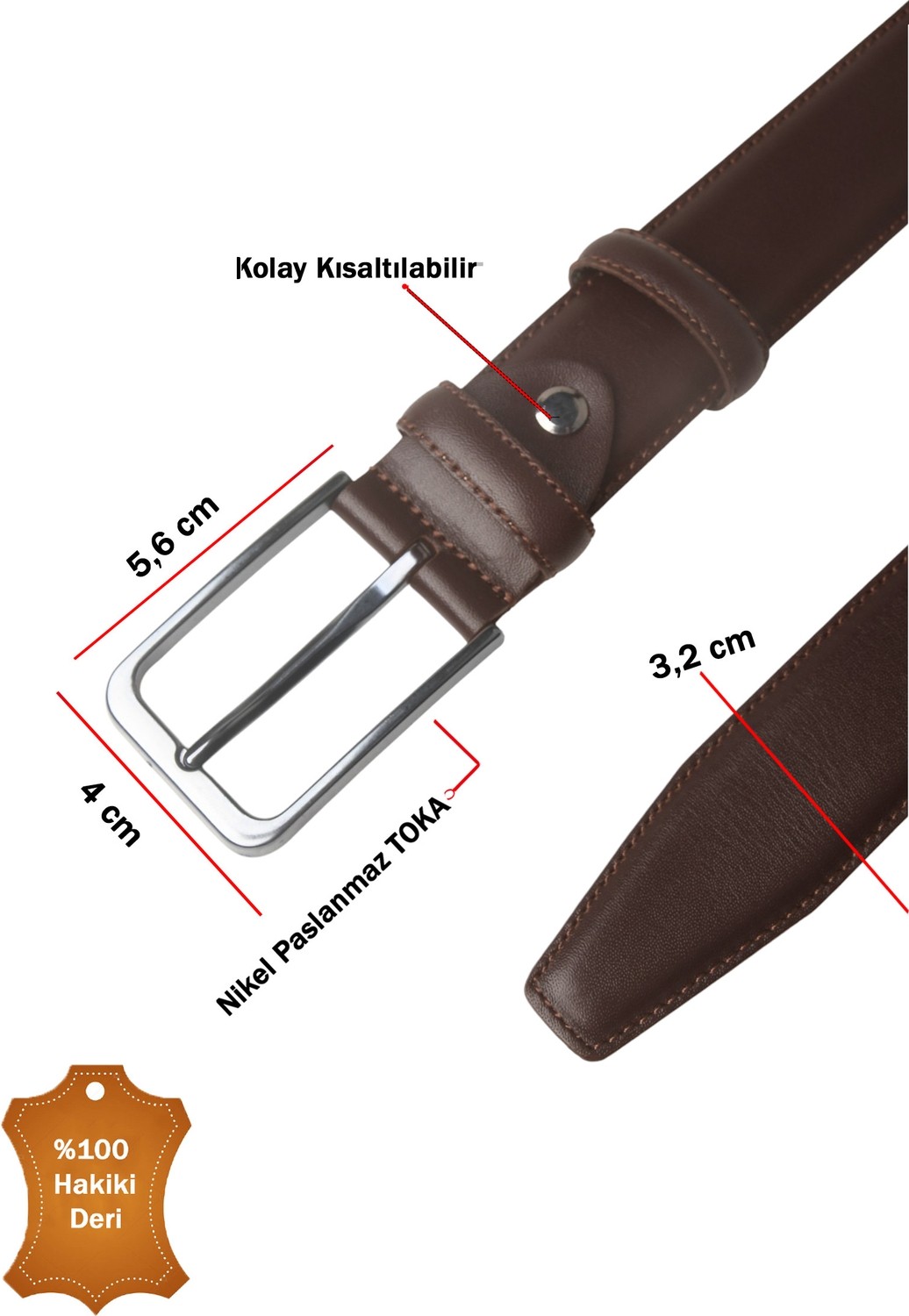 RizzUP Koyu Kahve Hakiki Deri Kemer, Klasik & Günlük Kullanım, 3,5 cm En - Kısaltılabilir Tasarım 2602664 görsel 2