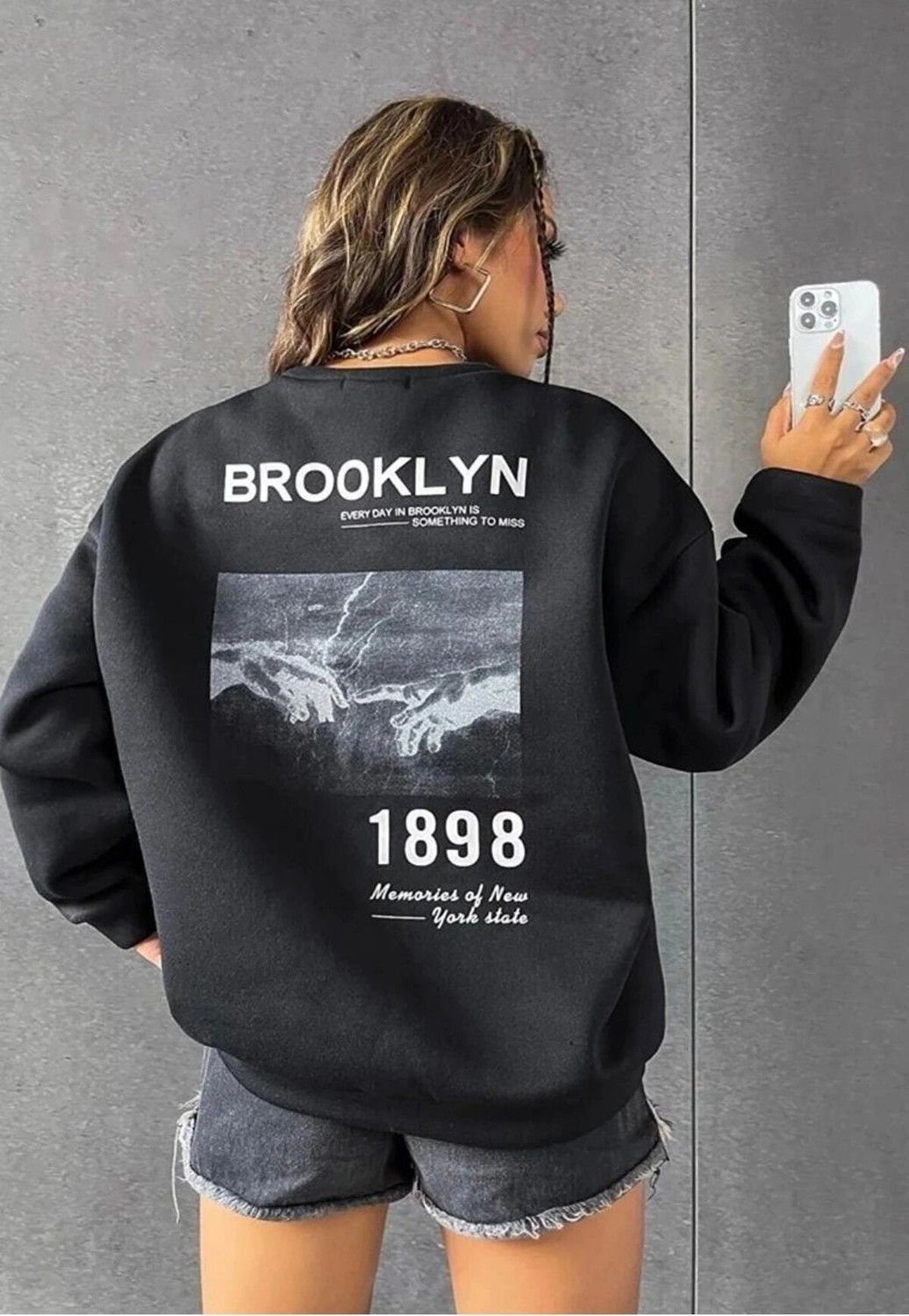 Tarzsokak Siyah Oversize Brooklyn 1898 Baskılı Bisiklet Yaka Kapşonsuz Pamuklu Sweatshirt görsel 2