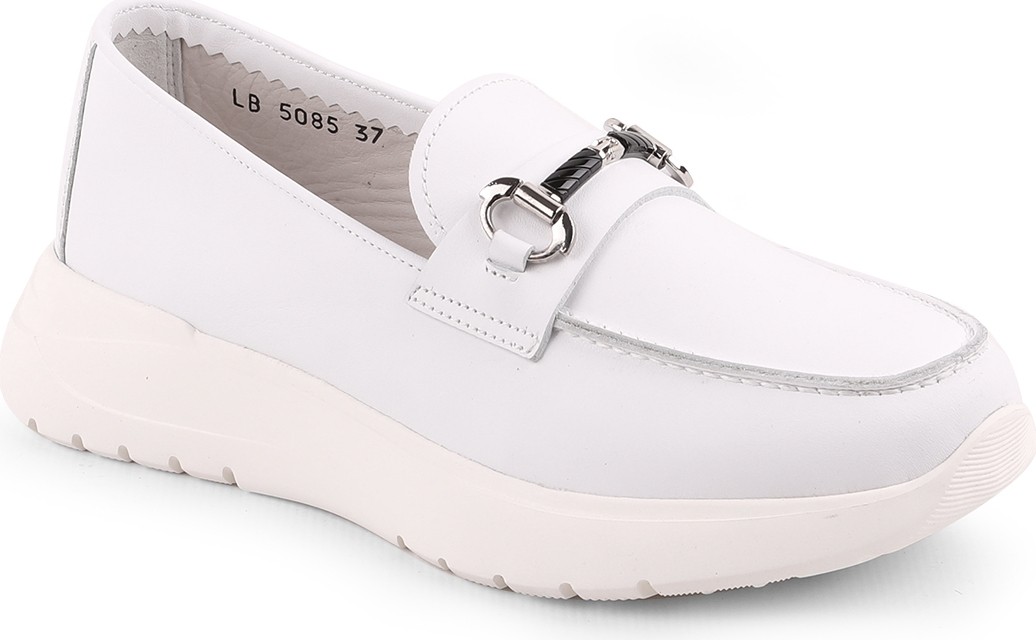 Libero LZ5085 Beyaz Hakiki Deri Metal Köprülü Kalın Esnek Taban Kadın Comfort Loafer Sneaker