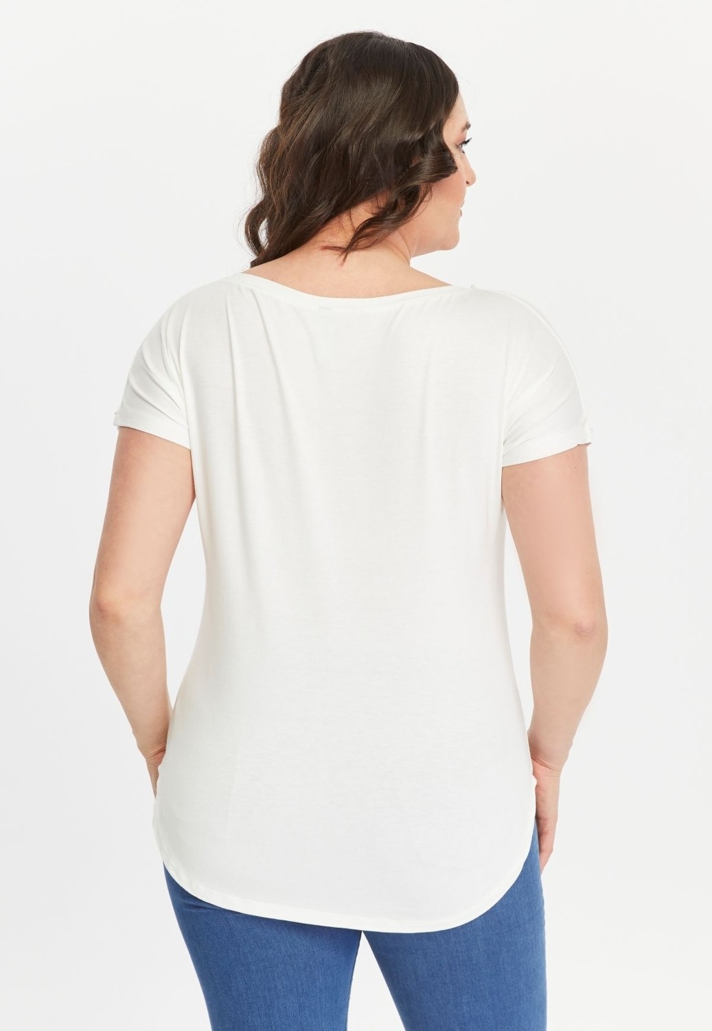 Curvy Trend Büyük Beden Kuş Tüyü Baskılı Geniş V Yaka Kısa Kol Oval Yırtmaç Bluz görsel 2