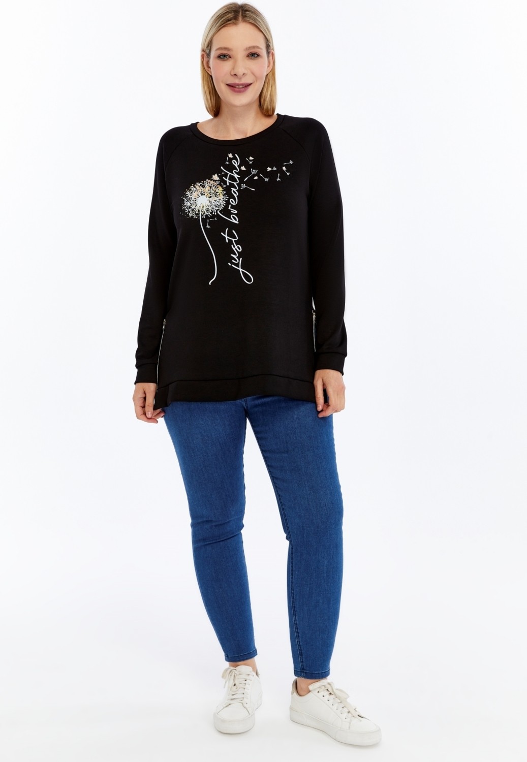 Curvy Trend Büyük Beden Breathe Baskılı Fermur Yırtmaç Detaylı Yumuşak Dökümlü Kumaş Reglan Kol Sweashirt görsel 3