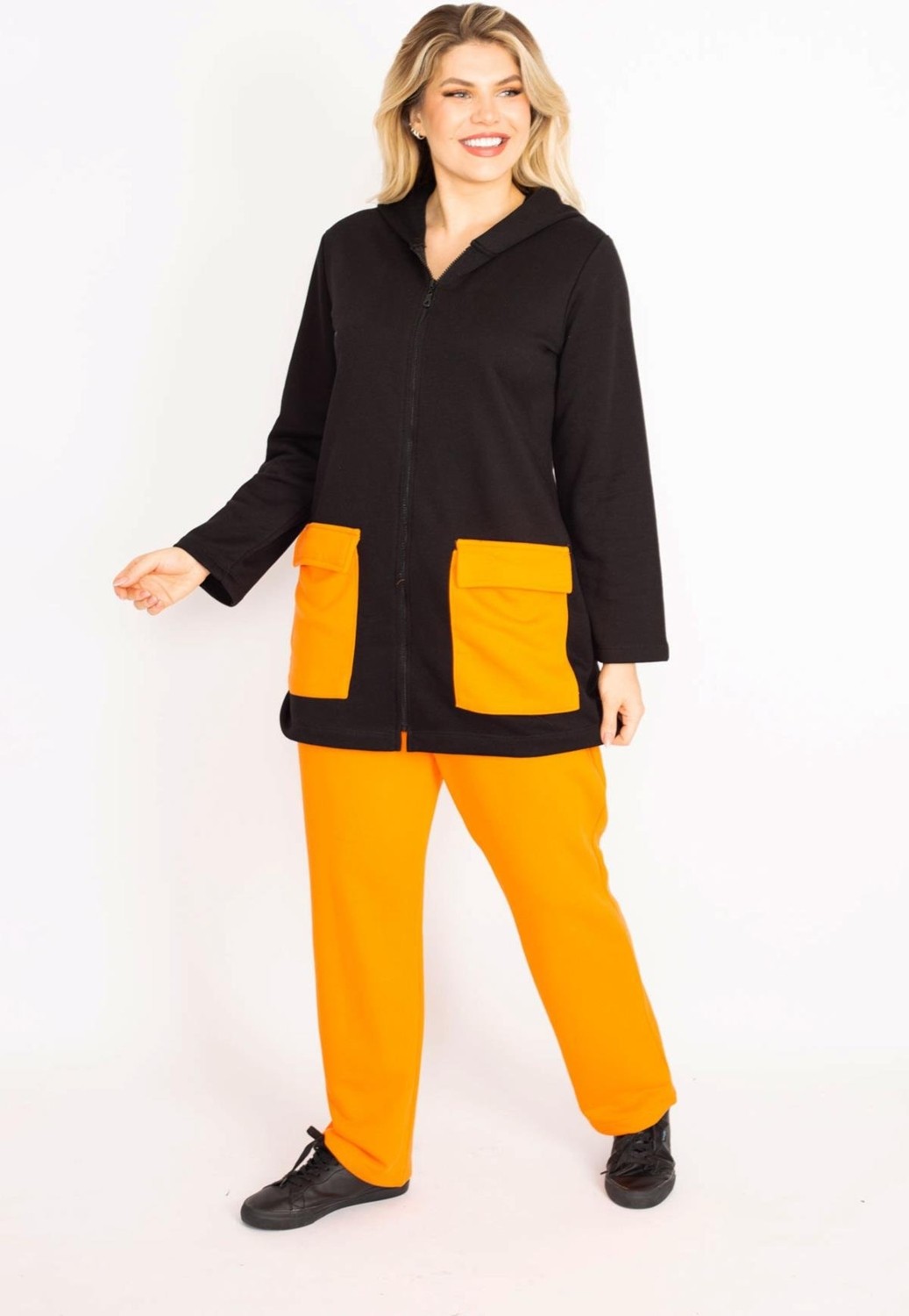 Şans Kadın Büyük Beden Oranj-Siyah, Cep Kombinli Kapşonlu Ön Fermuarlı Sweatshirt Pantolon Takım 65N39162 görsel 5