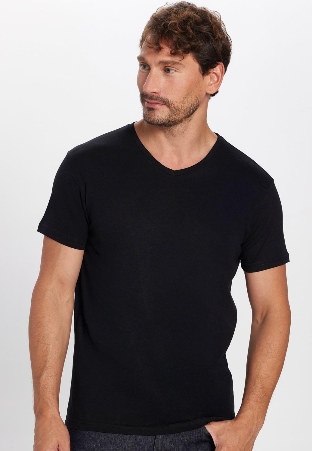 Tudors Erkek Slim Fit Dar Kesim %100 Pamuk Yumuşak Dokulu Siyah V Yaka Tişört görsel 2