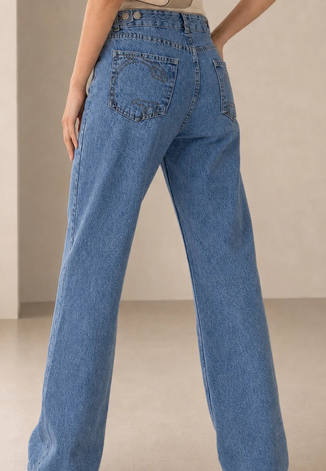 Shevega Kadın Mavi Bol Paça Arka Cep Nakışlı Palazzo Denim Salaş Jeans Kot Pantolon görsel 2