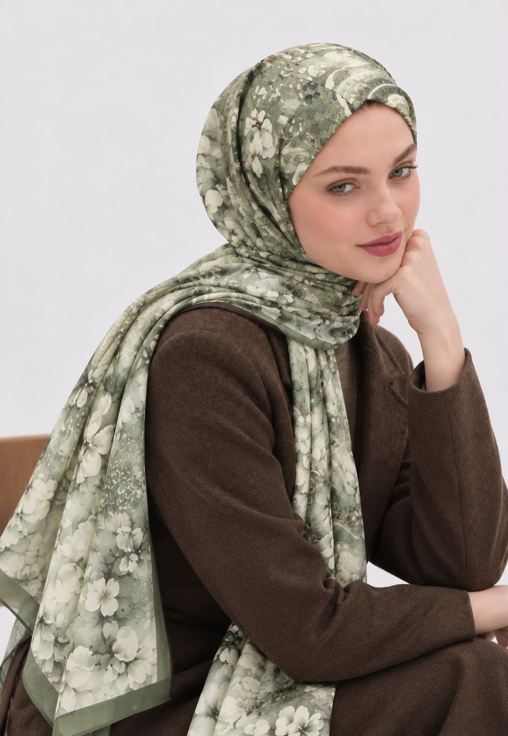 Revam Collection Çiçek Desen Pamuk Soft Şal Haki