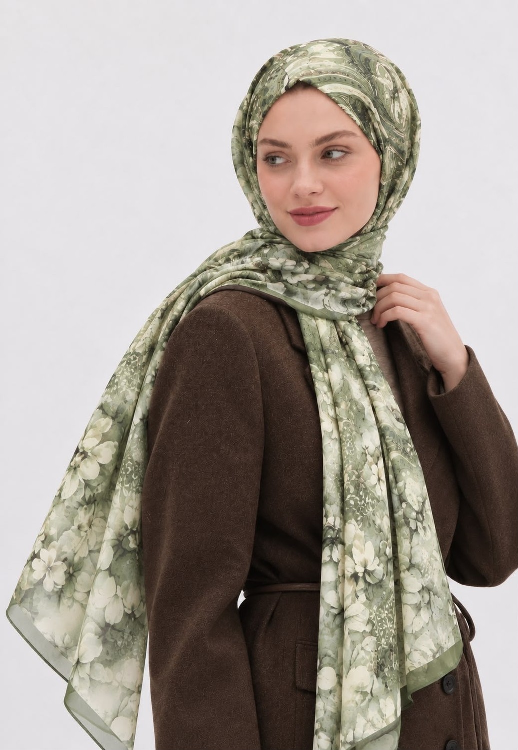 Revam Collection Çiçek Desen Pamuk Soft Şal Haki görsel 2