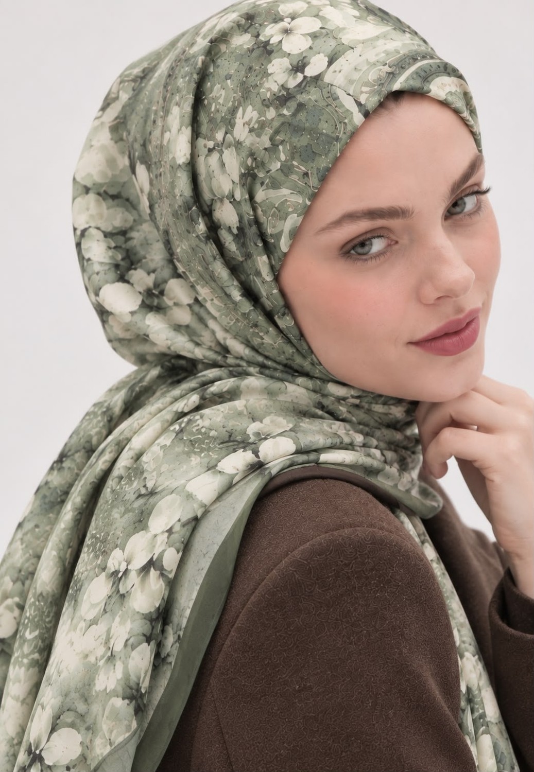 Revam Collection Çiçek Desen Pamuk Soft Şal Haki görsel 3