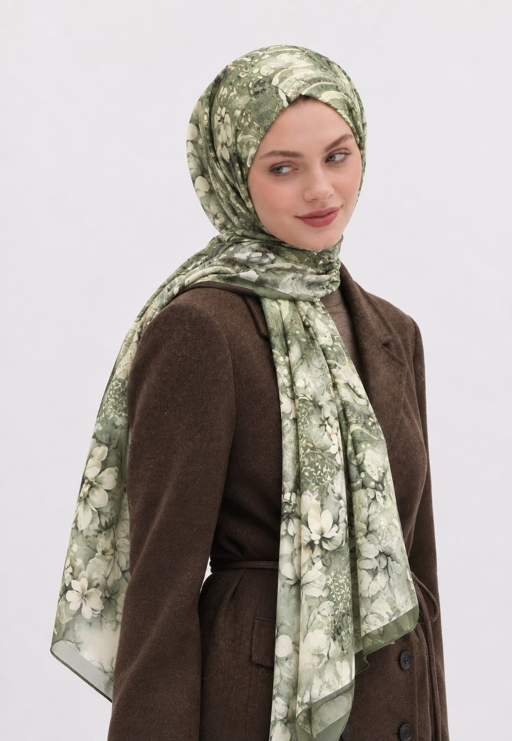 Revam Collection Çiçek Desen Pamuk Soft Şal Haki görsel 4