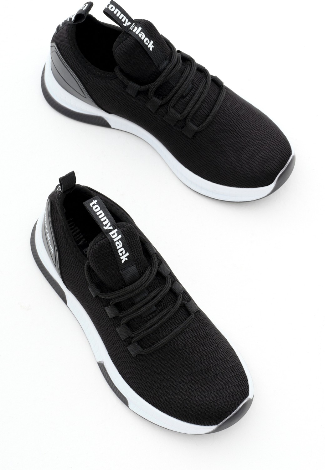 Tonny Black Unisex Siyah Beyaz Nefes Alabilen Kumaş Poli Taban Bağcıklı Spor Ayakkabı Düz Taban görsel 5