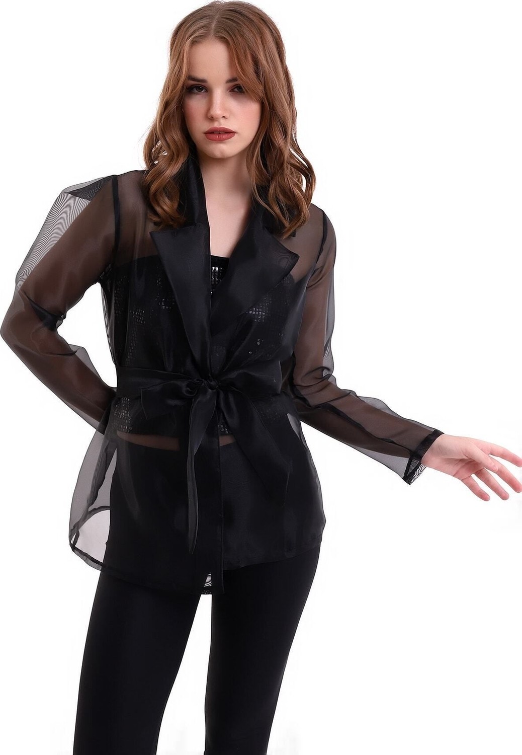 Mois Atelier Siyah Kuşaklı Organze Şifon Tül Kadın Ceket, Tasarım, , Büyük Beden, Tesettür görsel 3