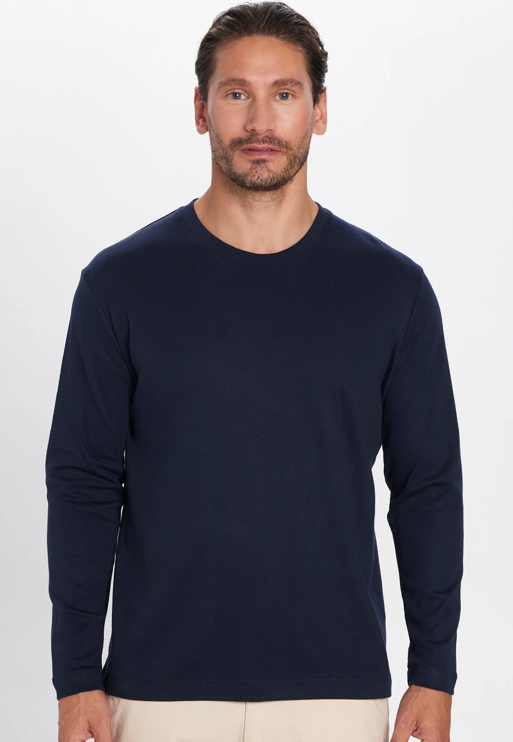 Tudors Unisex Relax Fit Rahat Kesim %100 Pamuk Uzun Kollu Bisiklet Yaka Lacivert Basic Tişört görsel 4