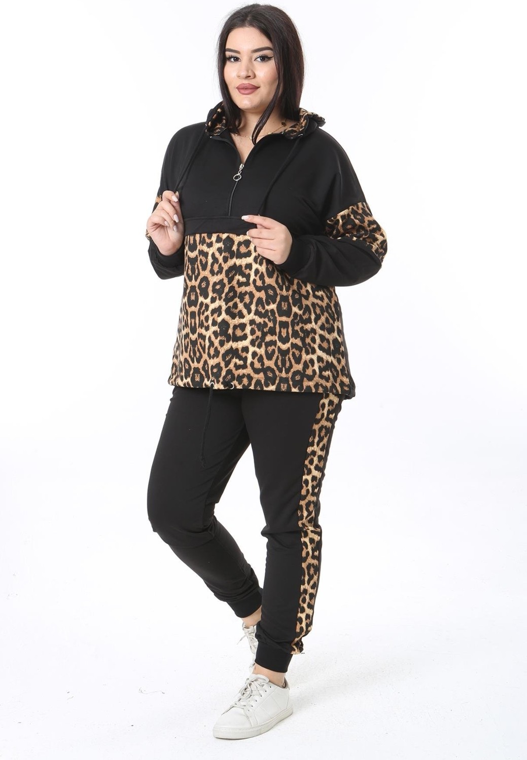 Şans Kadın Büyük Beden Leo Leopar Garnili Sweatshirt Pantolon Ikili Takım 65N38375 görsel 3