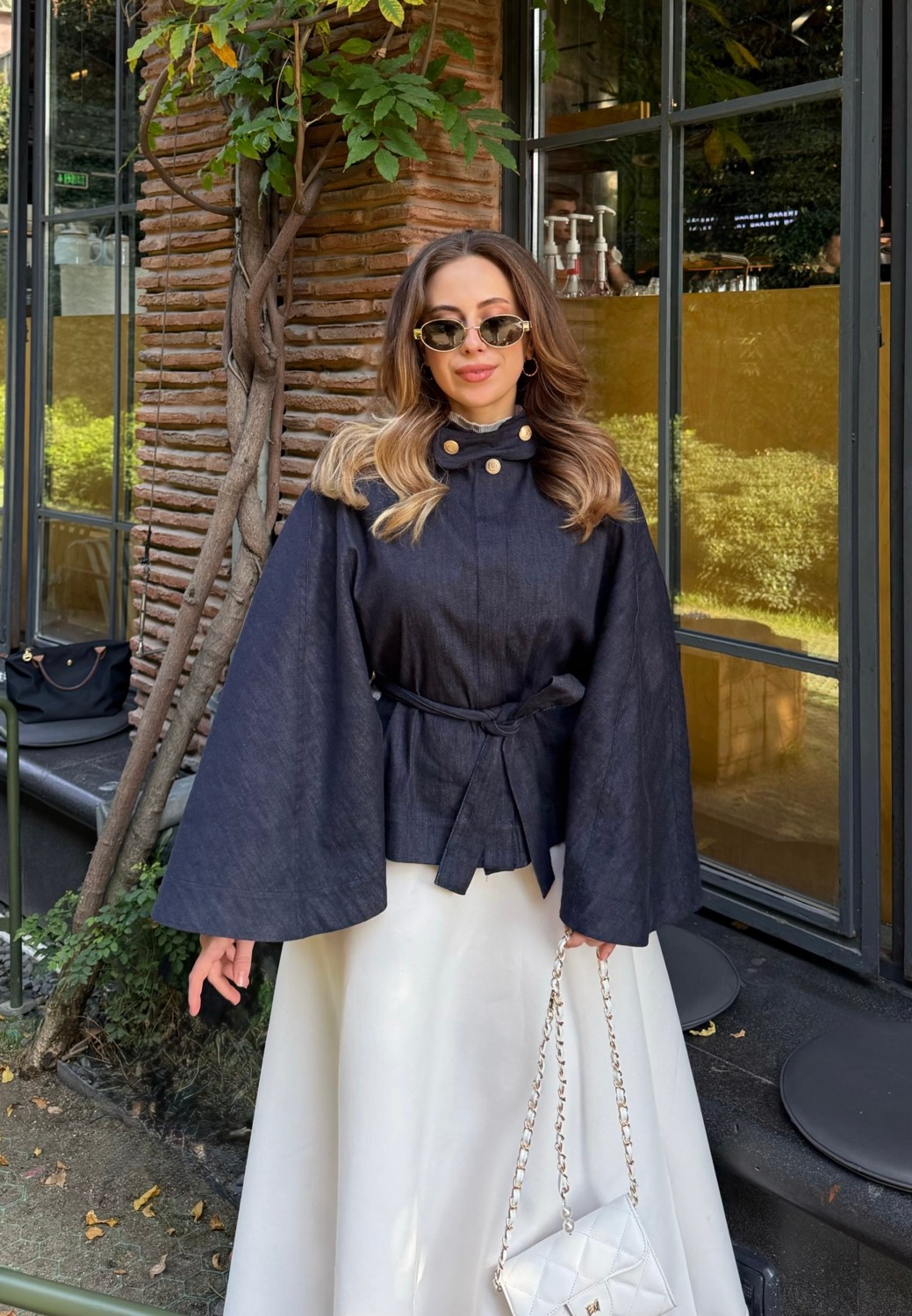 Emnora Gold Düğmeli Denim Panço Lacivert görsel 2