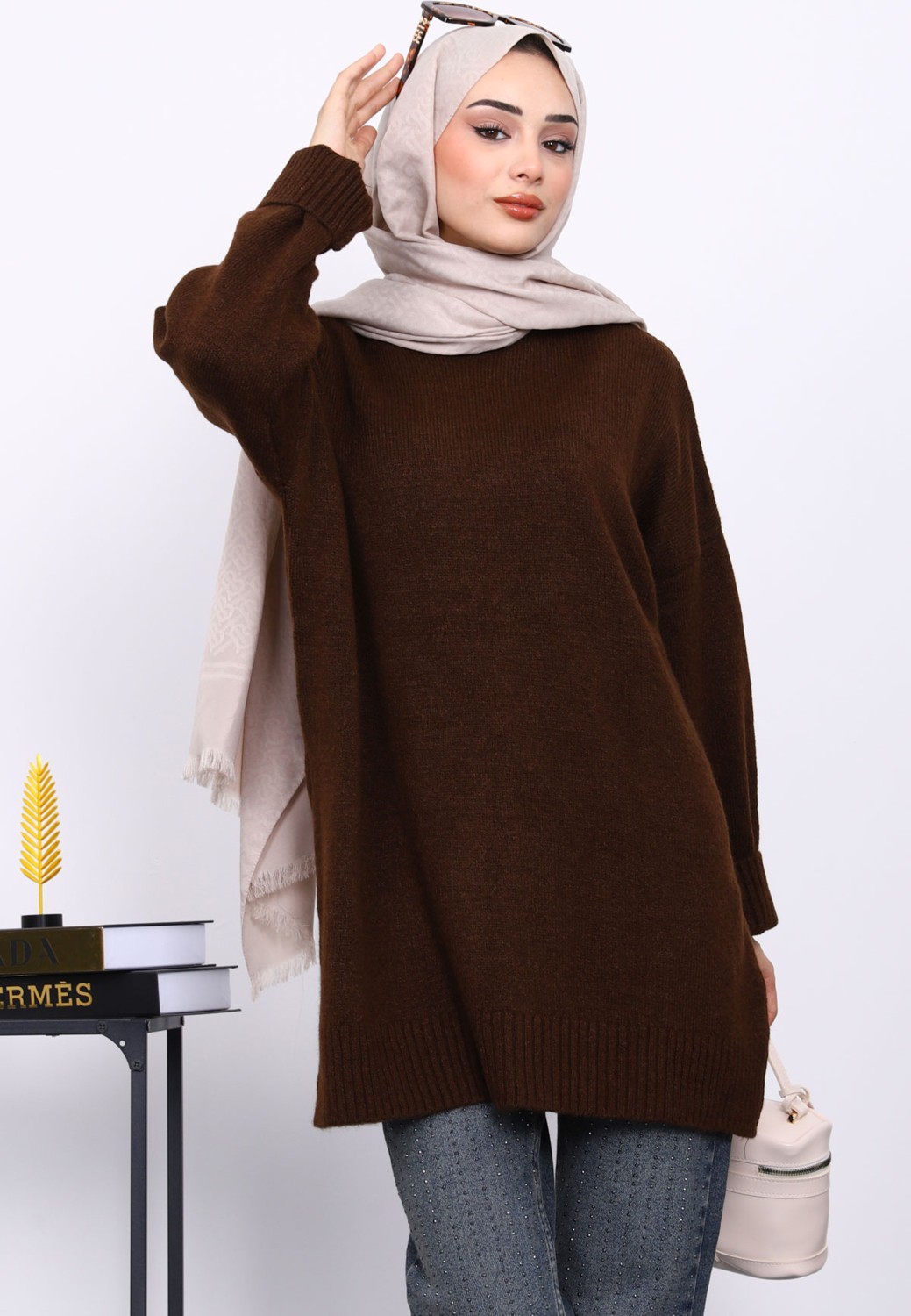 İmaj Butik Kahverengi Dik Yaka Oversize Triko Kazak görsel 3