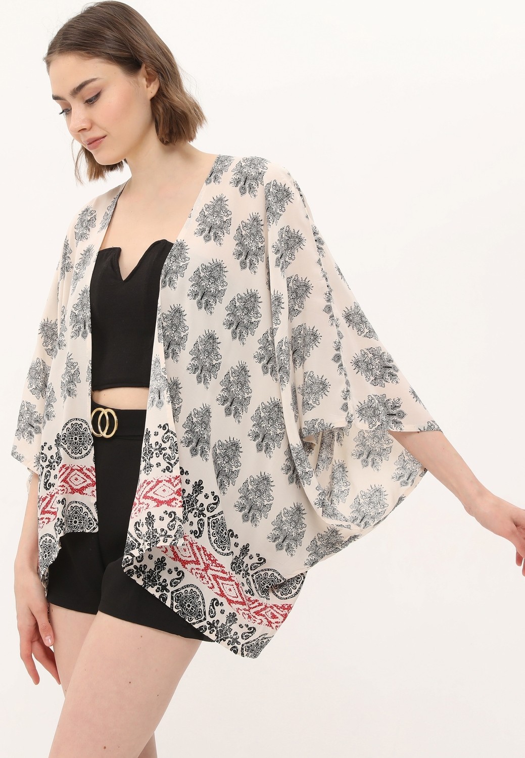 Yoga Zero Zada Boho Cape 3 - Cream Paisley-Border görsel 4