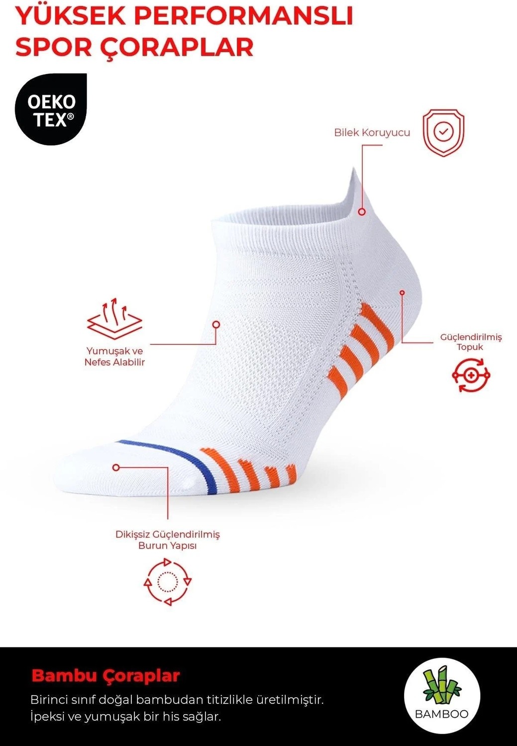 Mısırlı Unisex Bambu Hıgh Performance Atletik 6 Çift Patik Çorap Çok Renkli görsel 7