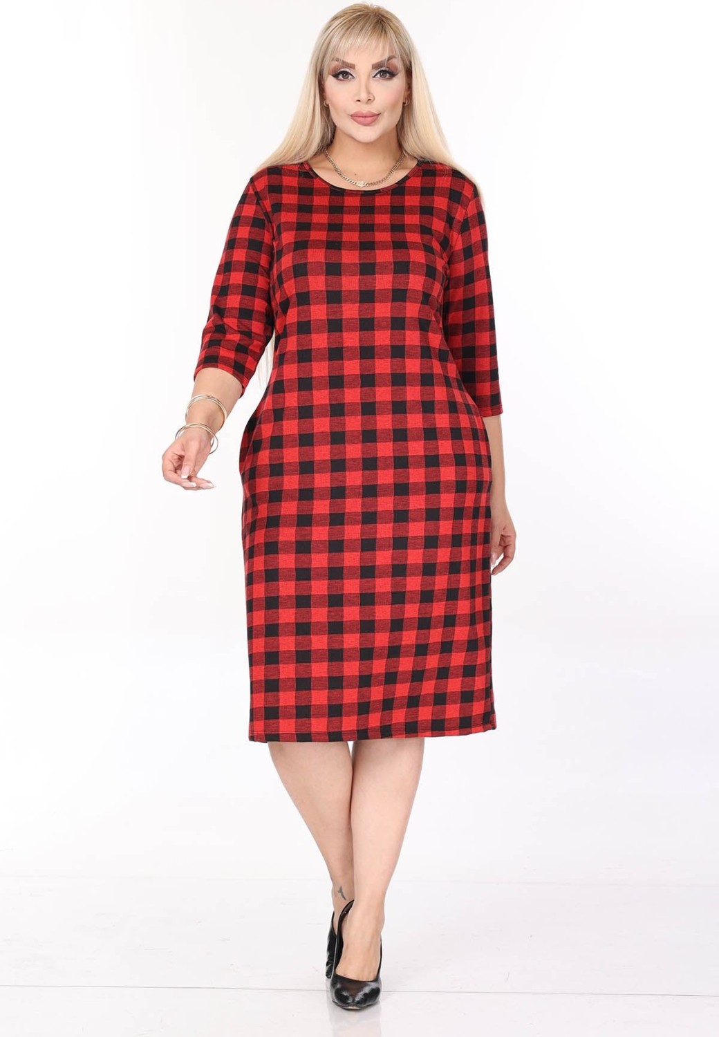 Modayız Çift Cepli Desenli Esnek Kışlık Büyük Beden Midi Elbise 44B-2702 görsel 2