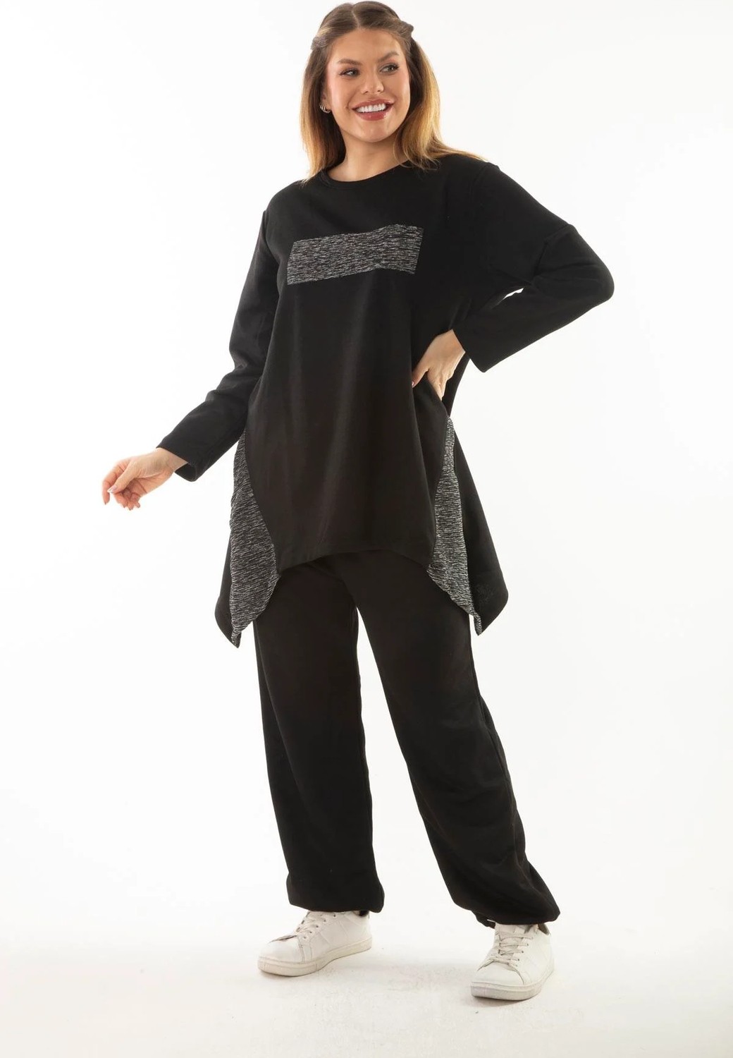 Şans Kadın Büyük Beden Siyah Sim Detaylı Sweatshirt Pantolon Ikili Takım 65N37054