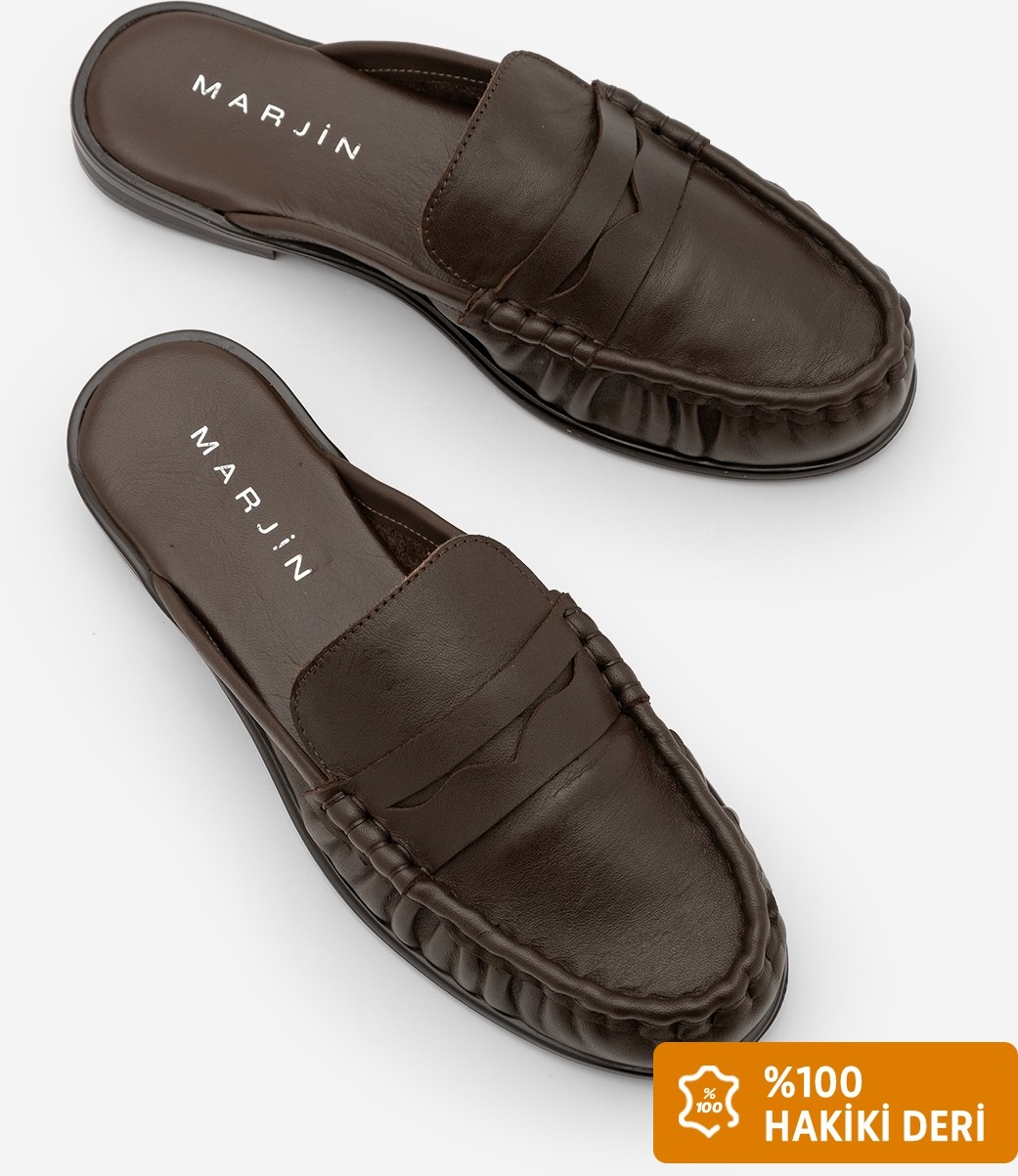 Marjin Kadın Hakiki Deri Önü Kapalı Dikişli Büzgülü Makosen Loafer Günlük Terlik Calista Siyah