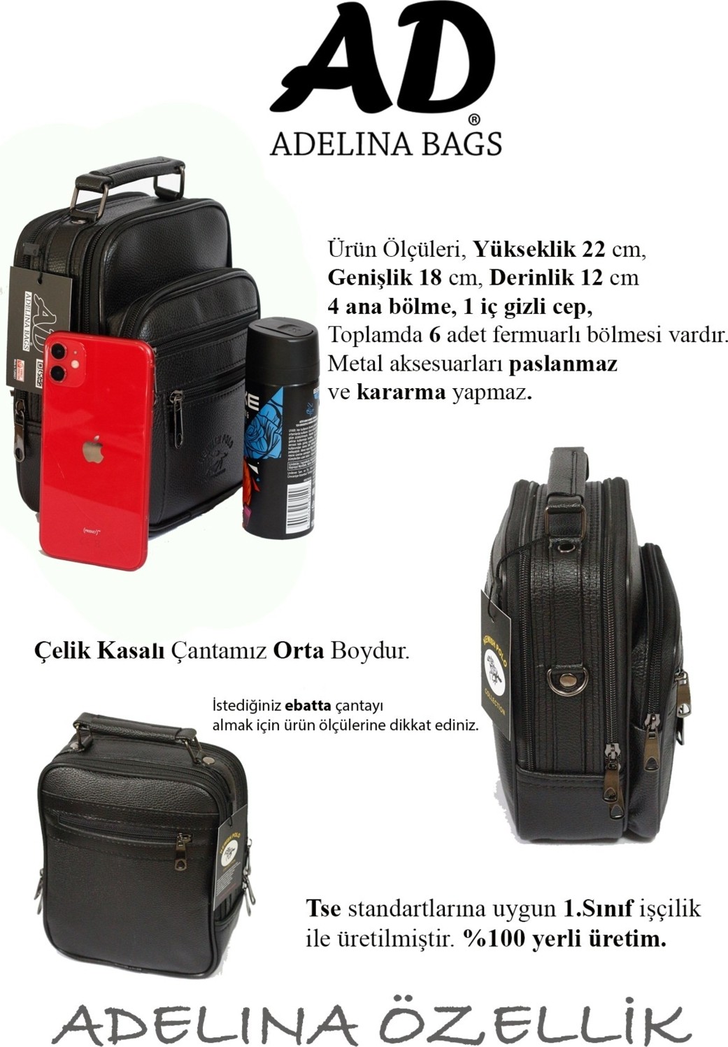 Newish Polo Adelina Erkek Siyah Deri Çelik Kasalı El ve Omuz Çanta görsel 3