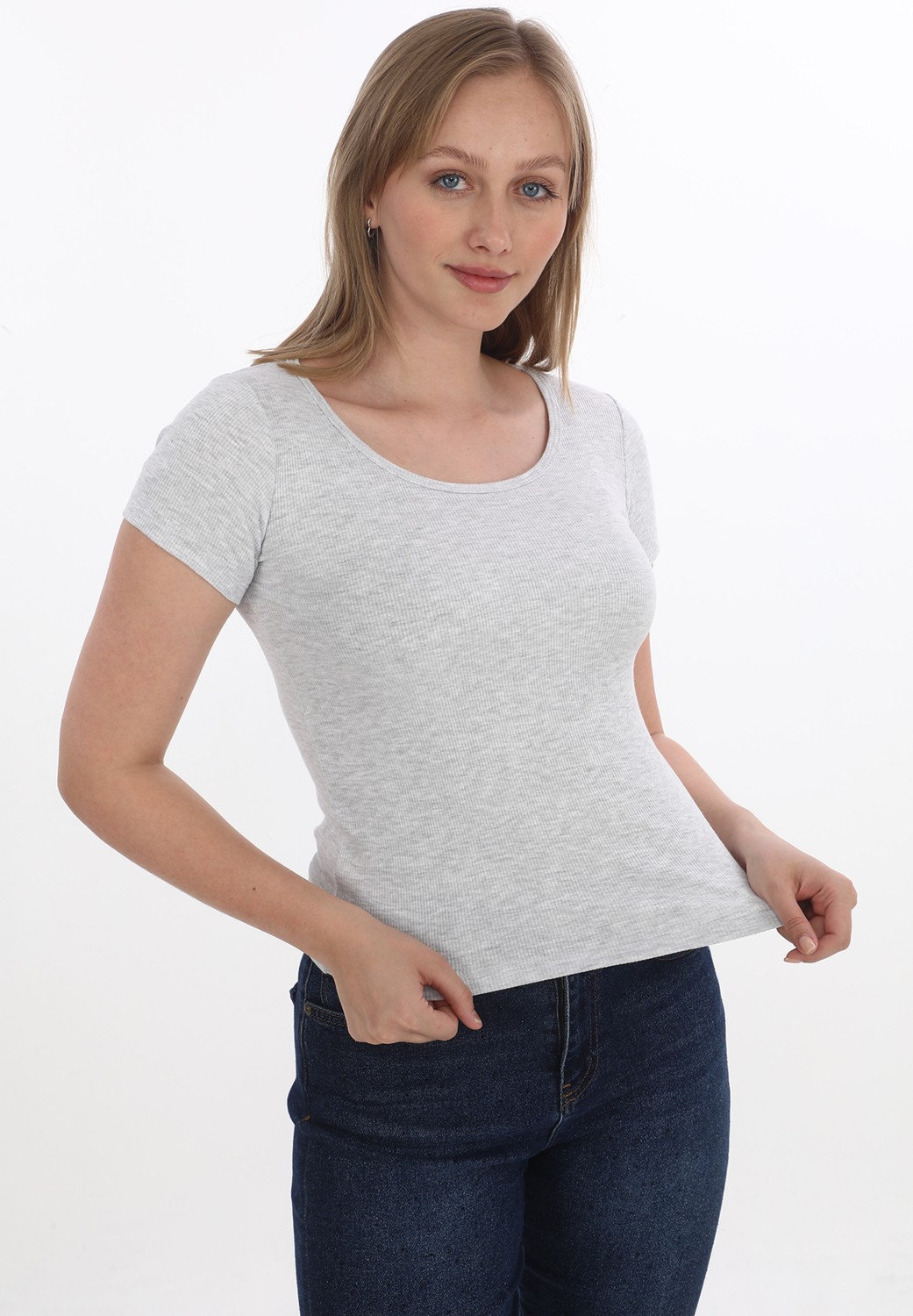Monox Kadın Fitilli Likralı Pamuk Basic Tshirt görsel 2