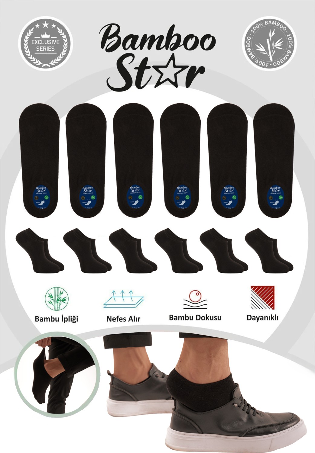 Bamboo Star Erkek Sneaker Siyah Çorap Dikişsiz Görünmez Bilekte Görünmez Spor Çorap Premium 6'lı Paket