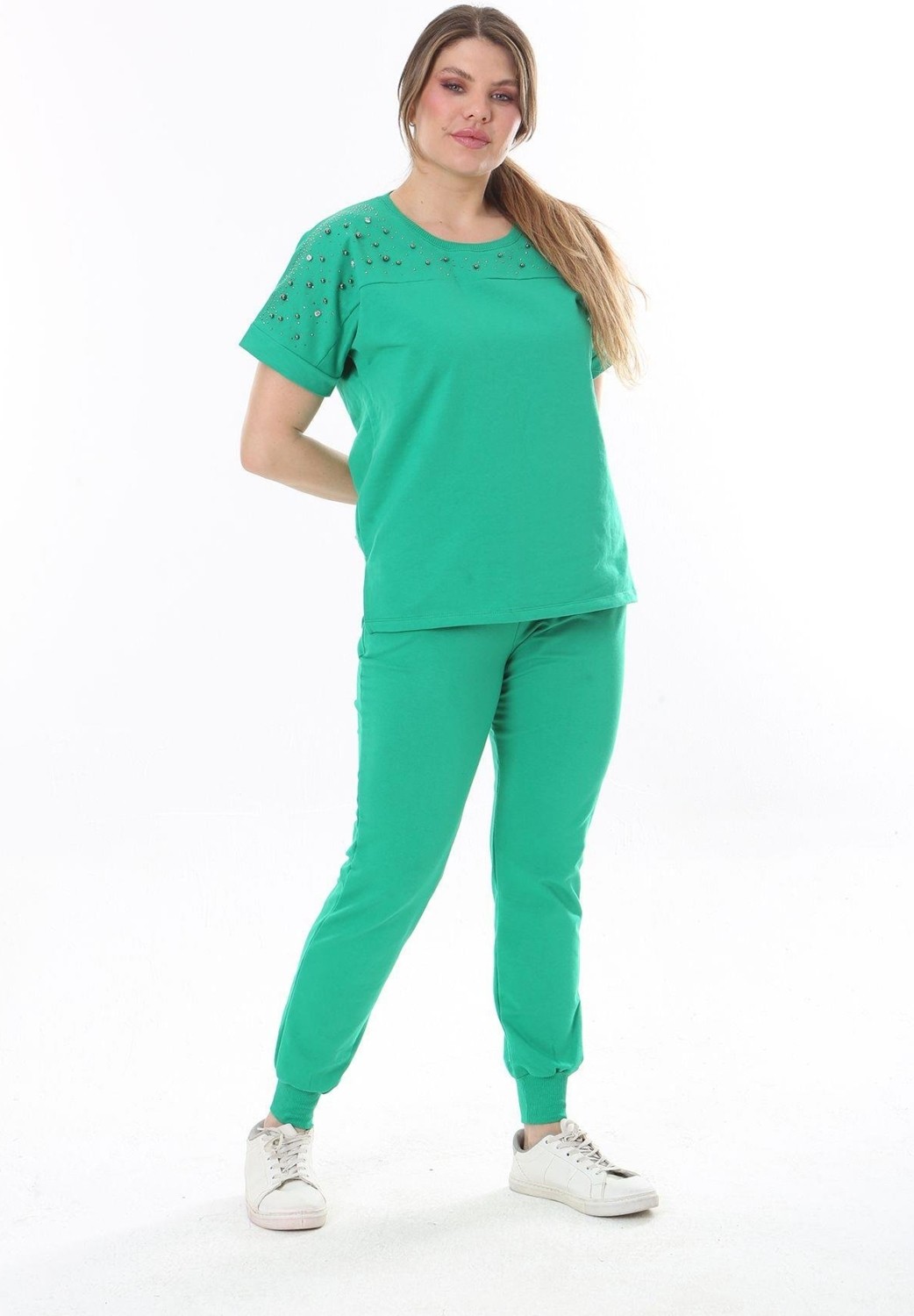 Şans Kadın Büyük Beden Saks Taş Detaylı Kısa Kollu Sweatshirt Pantolon Takım 65N37702 görsel 4