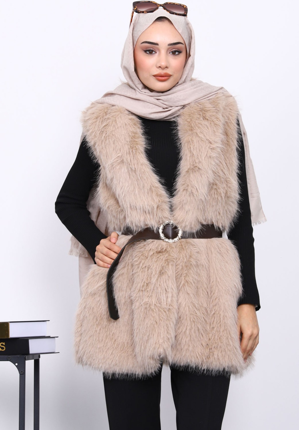 İmaj Butik Vizon Bel Kemerli Çift Cepli Kürk Yelek