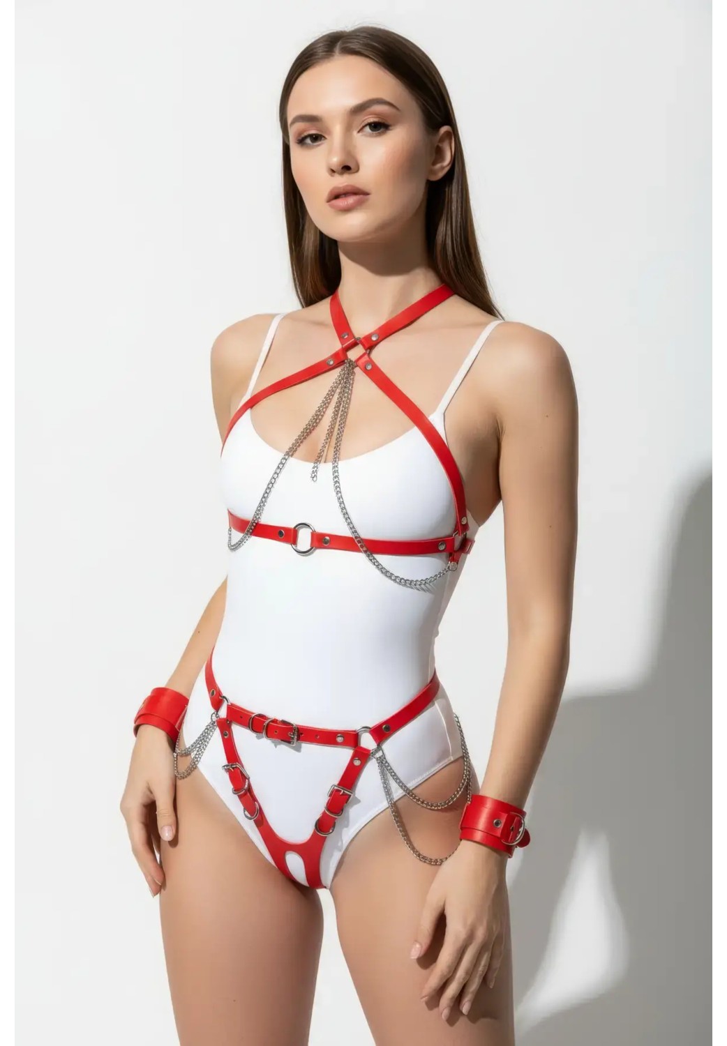 Motto10 Butik HDY MOTTO10 Butik Kırmızı Harness Takım Zincir Detaylı Vücut Bağlantısı - APFT1224 görsel 3