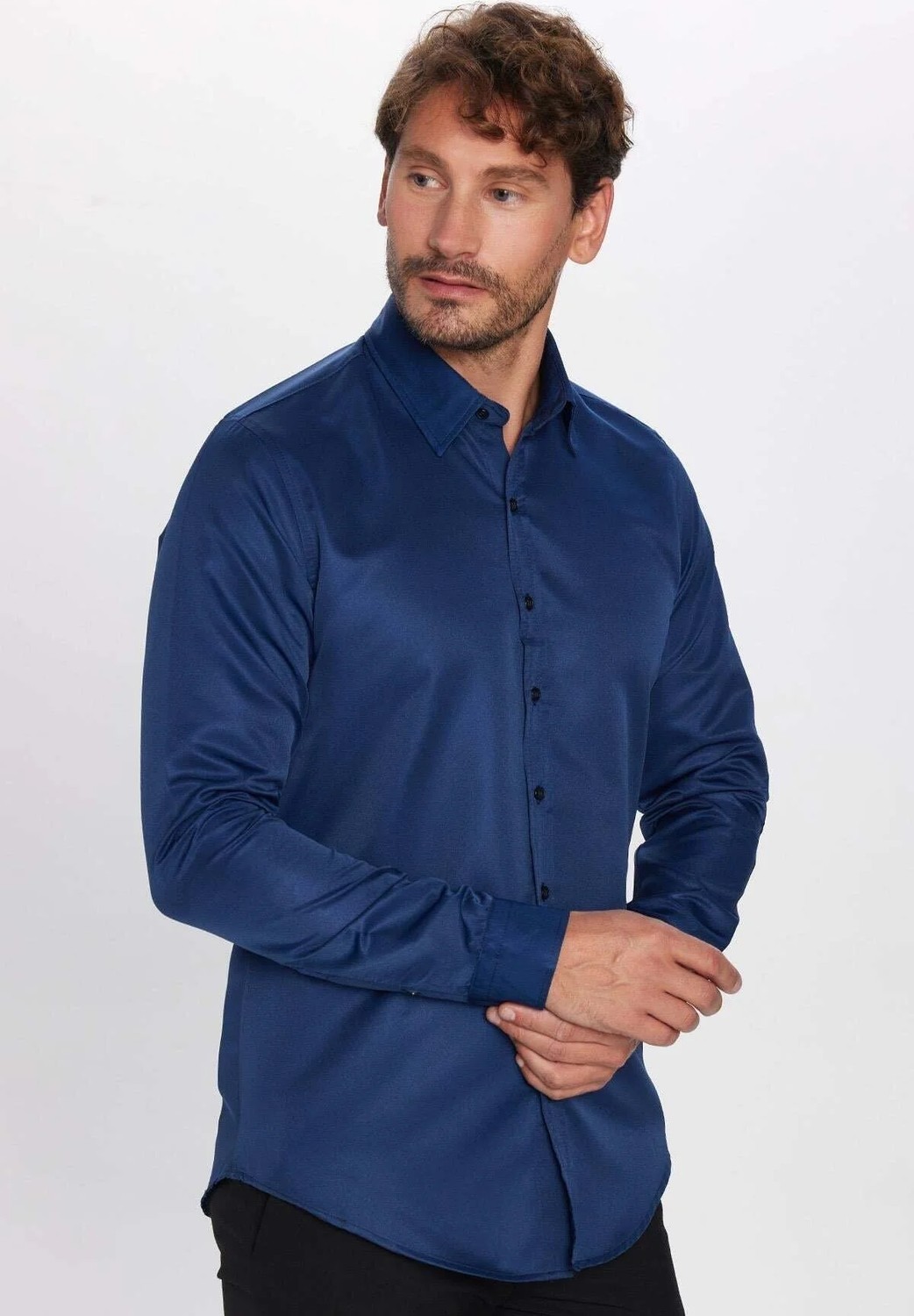 Tudors Slim Fit Uzun Kollu Kolay Ütü Teri Emen Nefes Alan Doku Kravatlık Dört Mevsim Lacivert Erkek Gömlek