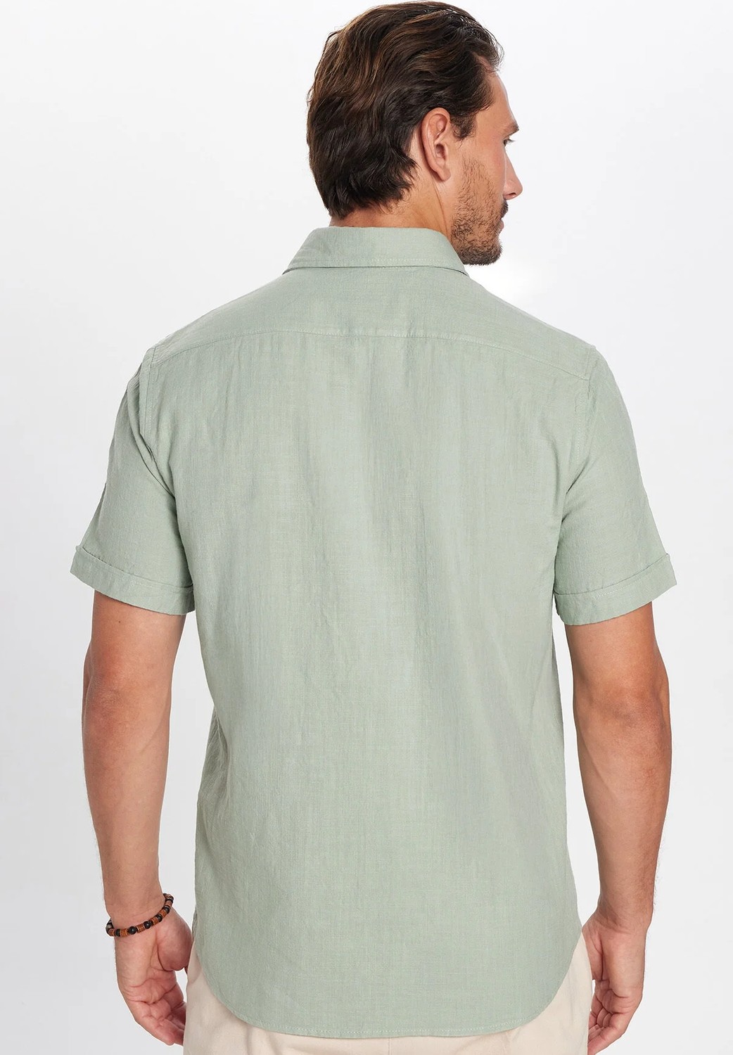 Tudors Erkek Regular Fit Klasik Kesim Oversize %100 Pamuk Keten Doku Cepli Yeşil Gömlek görsel 6