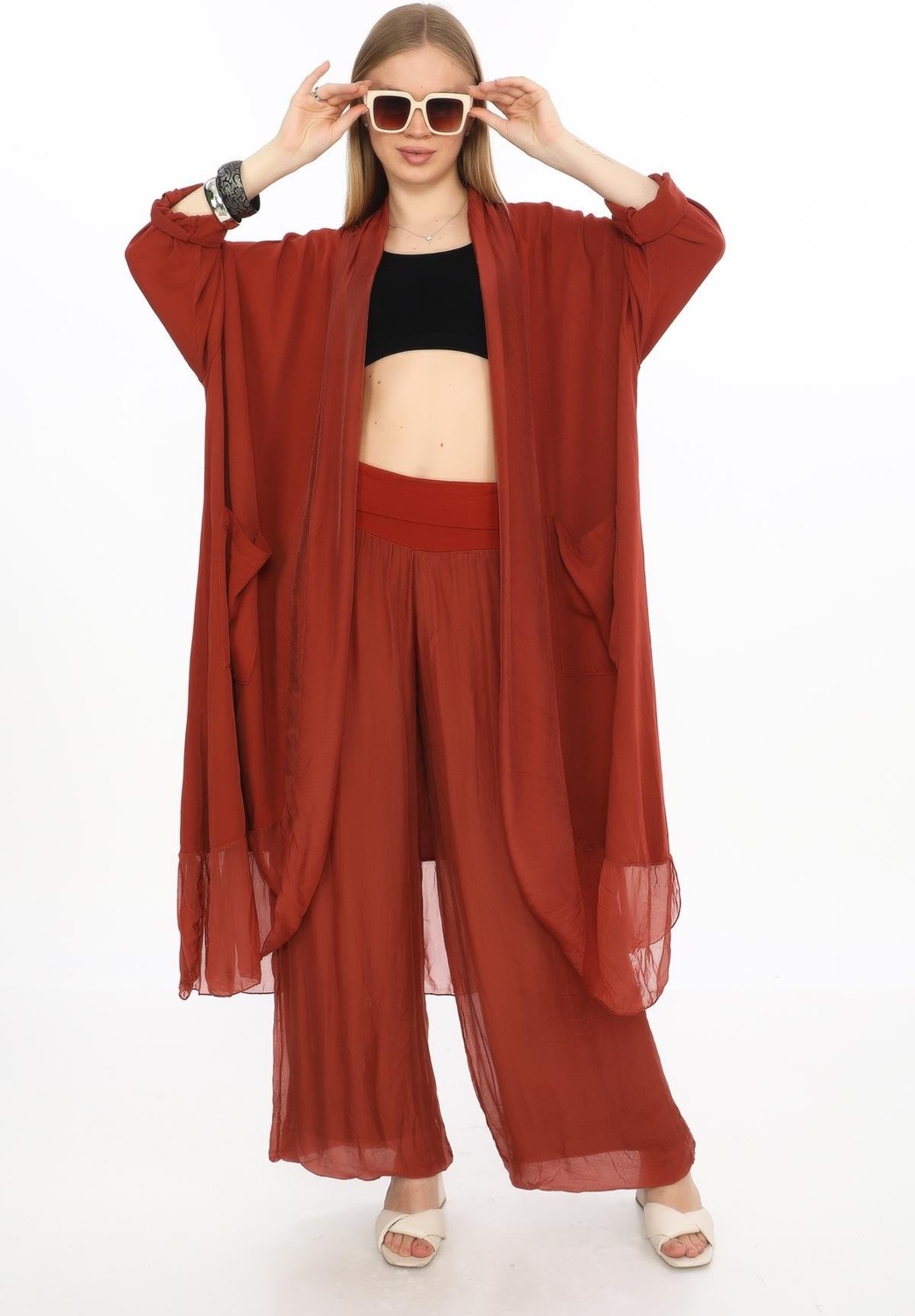 Bohem Stil Itayan Ipek Detaylı Oversize Kaftan- Pantolon Takım görsel 3