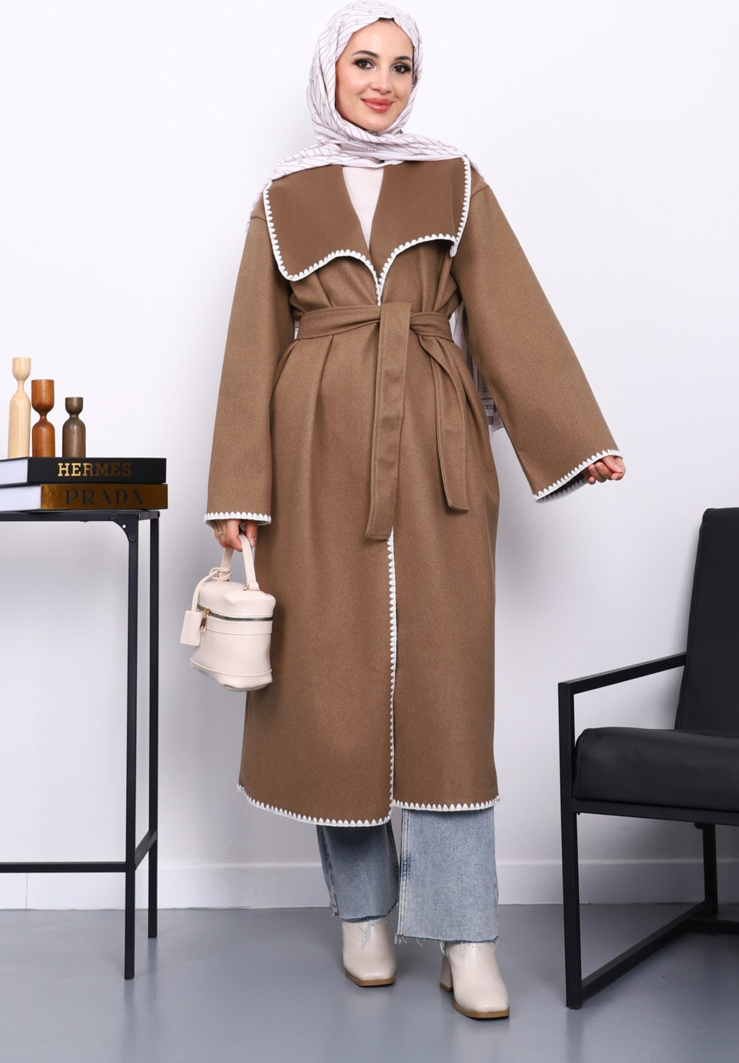 İmaj Butik Taş Çoban Dikişli Şal Yaka Kaşe Kaban görsel 5