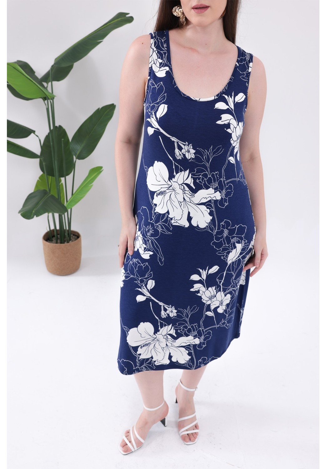 Madwilo Kadın Siyah Bej Floral Desen Askılı Büyük Beden Elbise görsel 5
