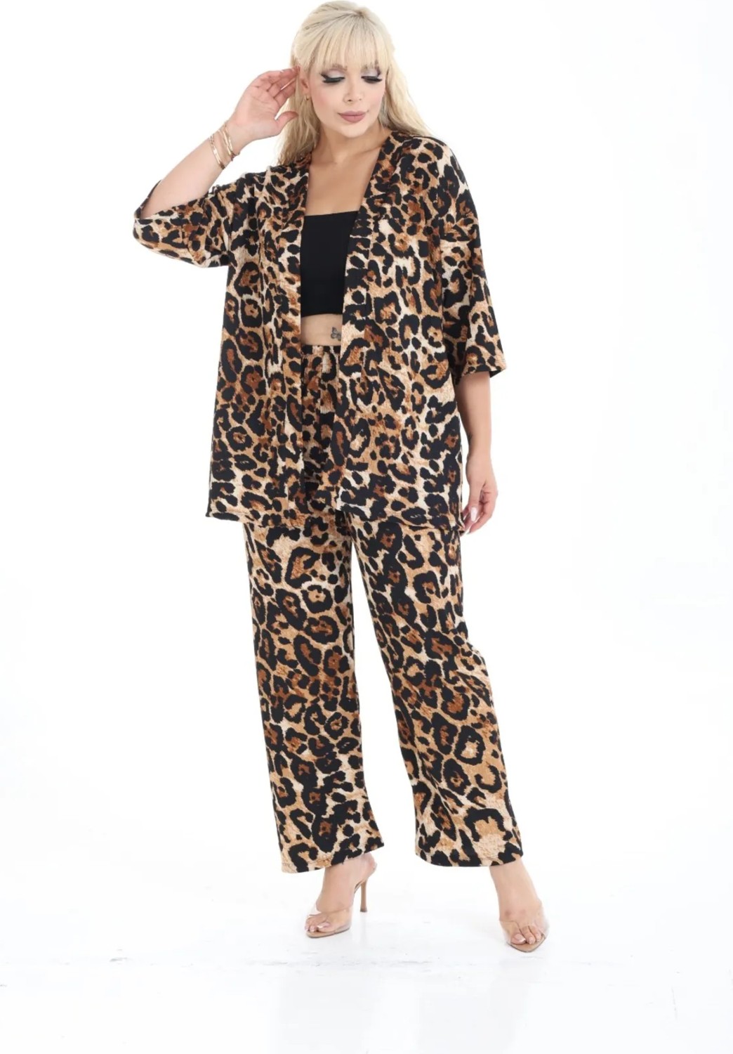 Şuranur Leopar Kimono Hırkalı 2li Alt Üst Takım Bürümcük Kumaş Yazlık 2xl-6xl Oversize görsel 4