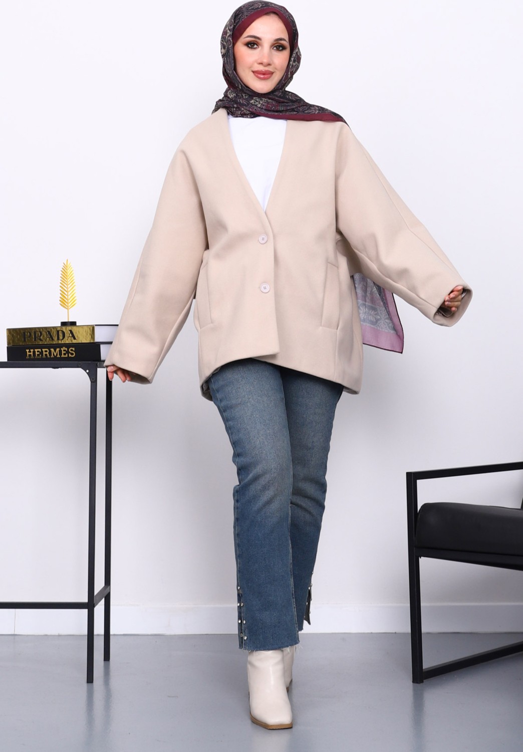 İmaj Butik Vizon Düğme Detaylı Astarlı Kaşe Ceket görsel 6