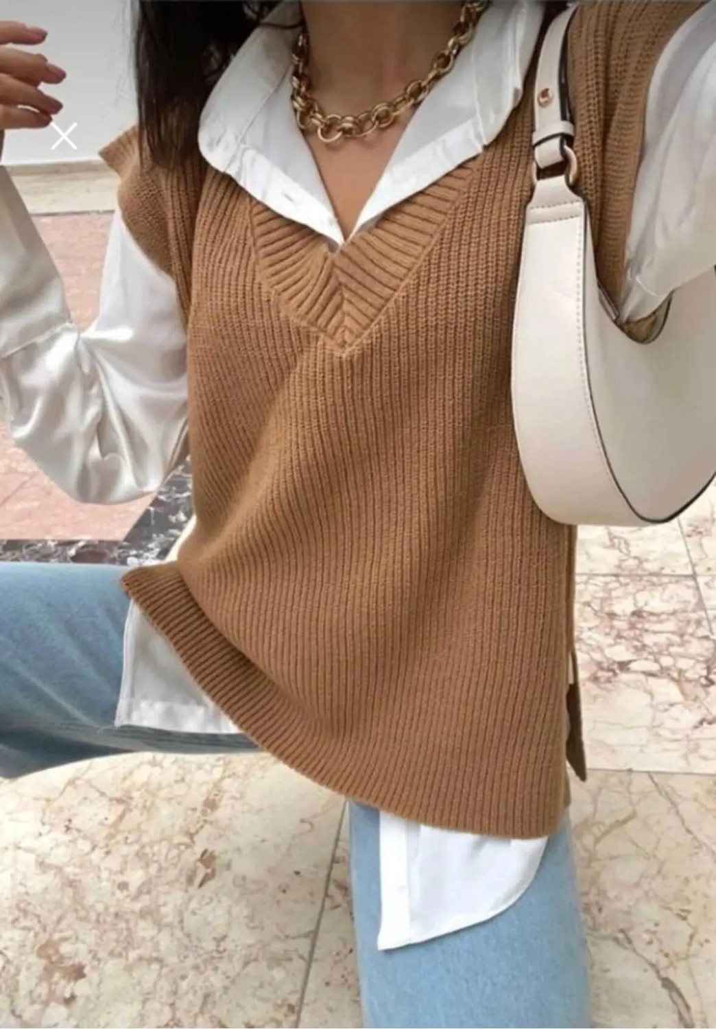 Zf Butik Kadın V Yaka Süveter Triko Kazak Camel