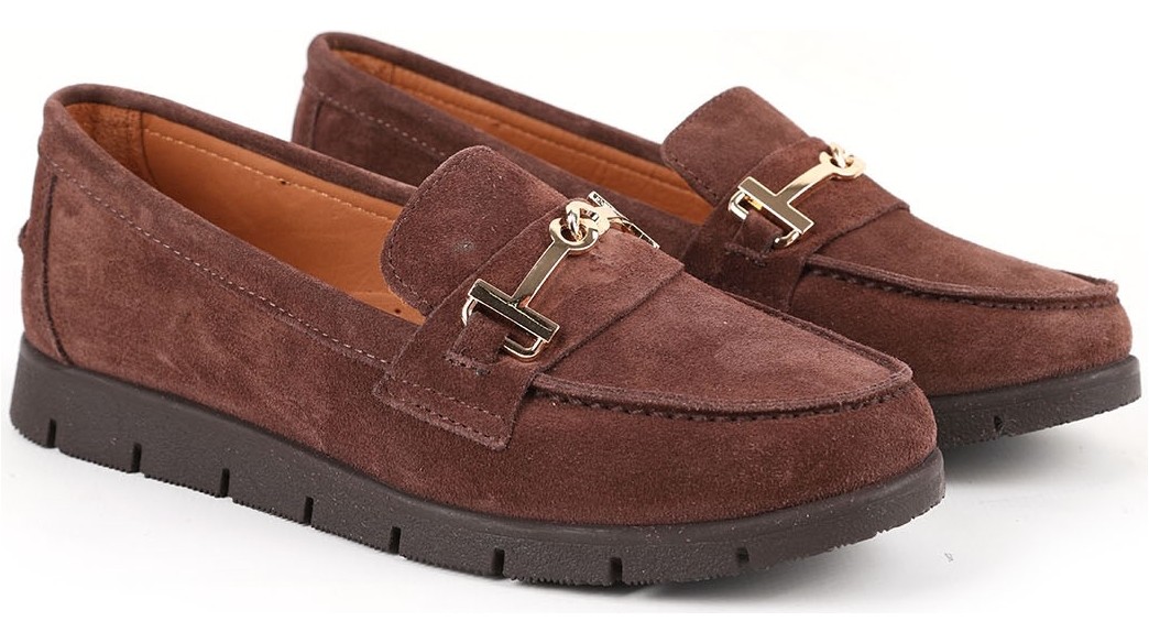 Libero L076.5604-6 Hakiki Süet Deri Gold Metal Tokalı Kalın Tırtıklı Esnek Eva Taban Kadın Comfort Loafer görsel 7