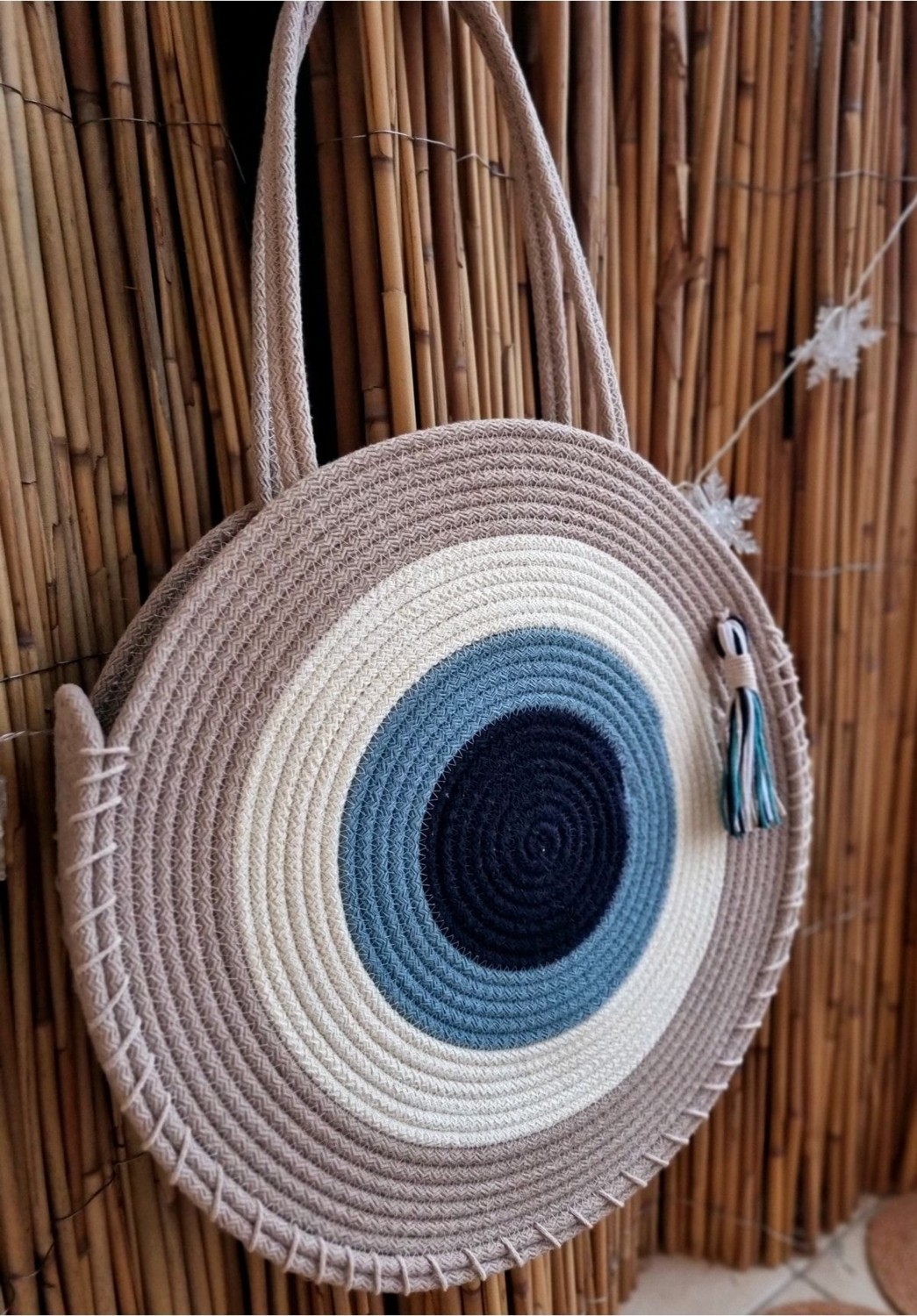 Zuviel Deco 40 cm El Yapımı Yuvarlak Nazar Boncuğu Tress Pamuk Çanta,plaj Çantası Mavi / 40 x 40 görsel 3